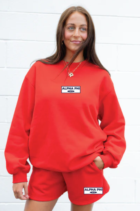 Alpha Phi Red Patch Crewneck & Shorts