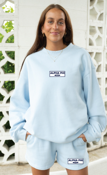 Alpha Phi Light Blue Patch Crewneck & Shorts