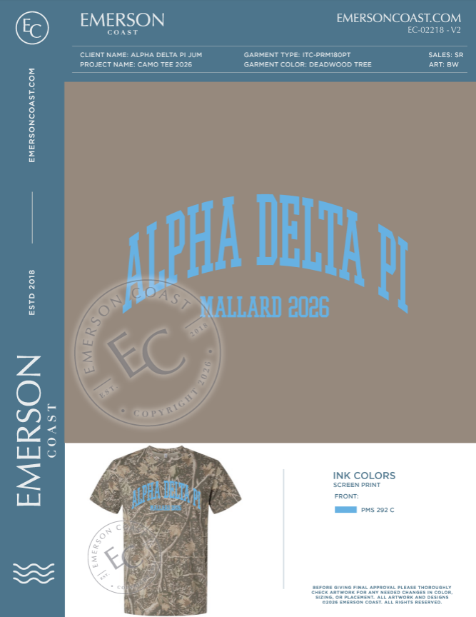 EC-02218 NEW Alpha Delta Pi Jacksonville University Mallard Camo Tee 2026-DF