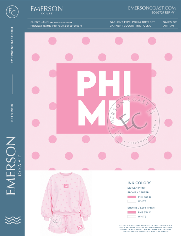 EC-02727 REP Phi Mu Lyon College Pink Polka Dot Set 2026-PR