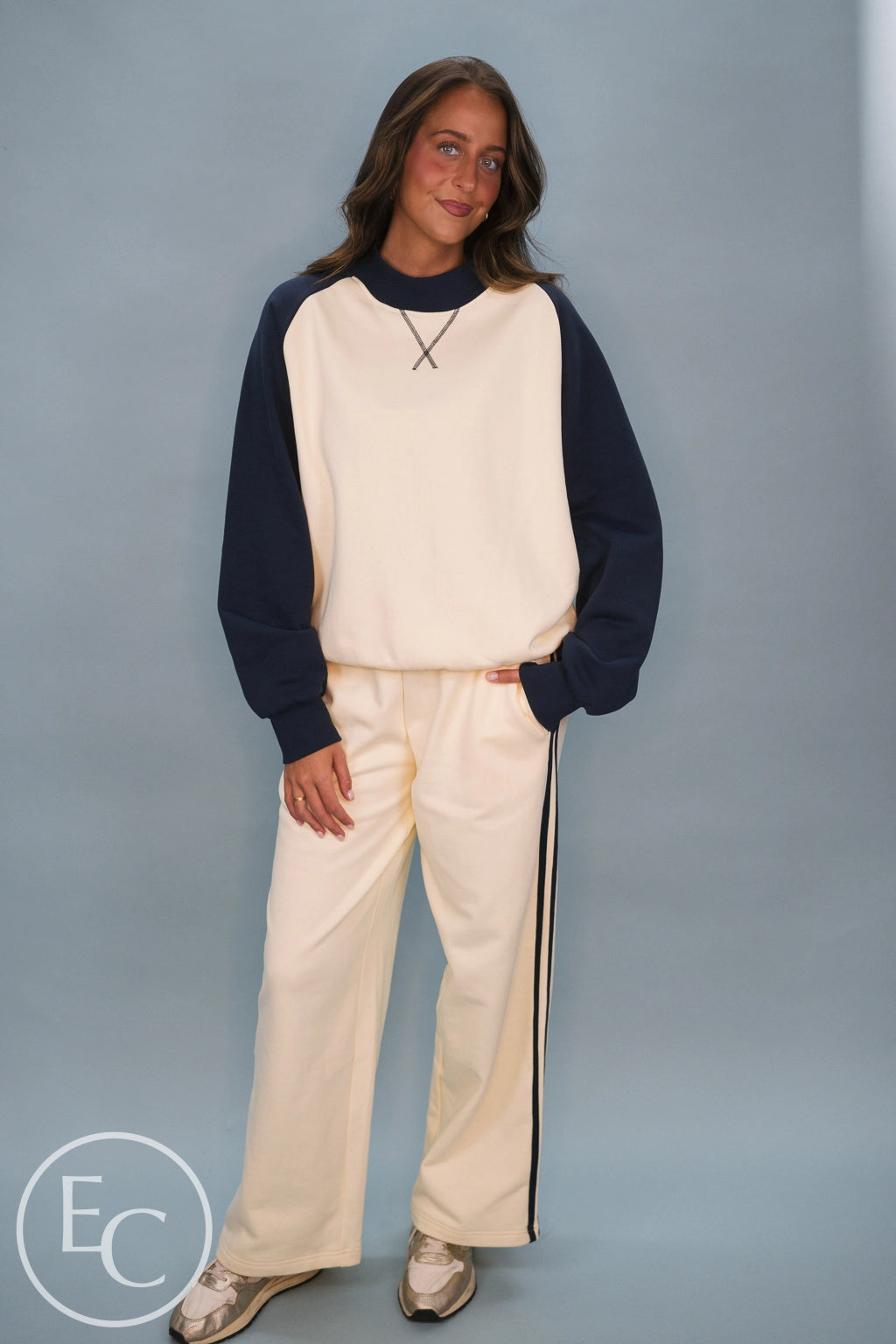Emerson Coast Varsity Raglan Crewneck & Double Stripe Wide Leg Pant