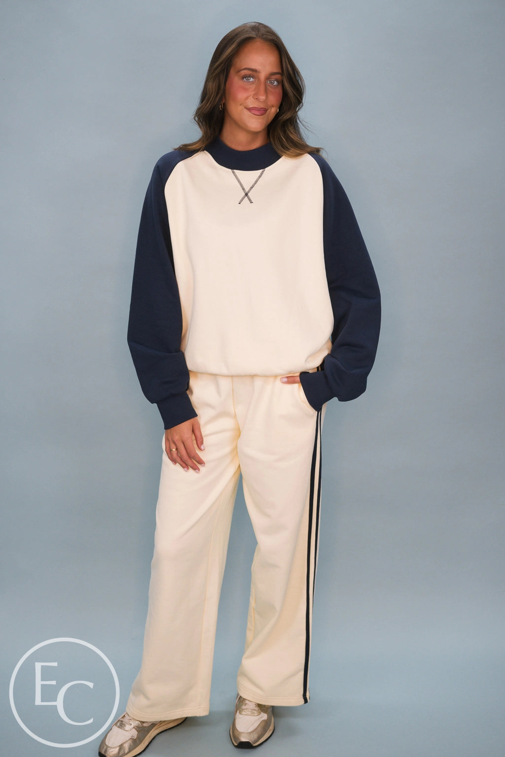 Emerson Coast Varsity Raglan Crewneck & Double Stripe Wide Leg Pant