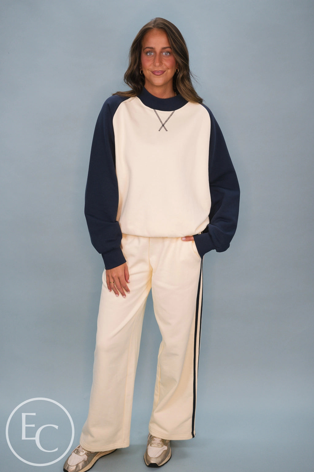 Emerson Coast Varsity Raglan Crewneck & Double Stripe Wide Leg Pant