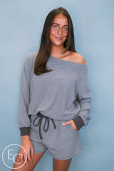 Emerson Coast Blue/Gray Striped Off The Shoulder Sweatshirt and Shorts Set