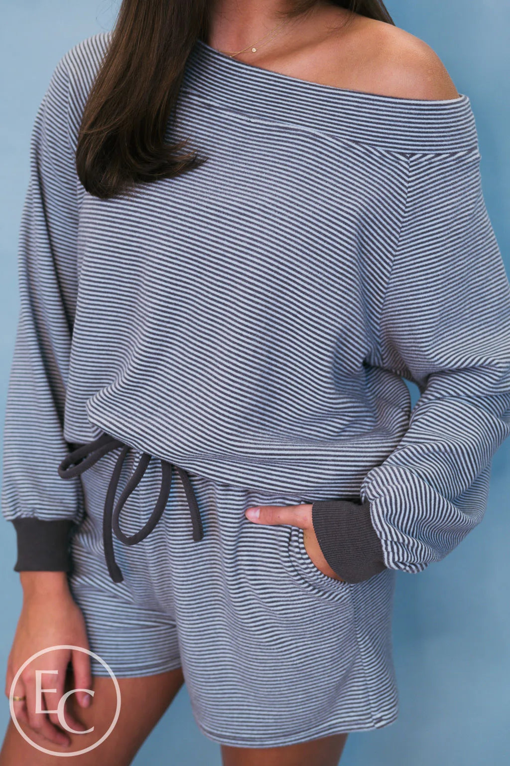 Emerson Coast Blue/Gray Striped Off The Shoulder Sweatshirt and Shorts Set