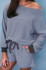 Emerson Coast Blue/Gray Striped Off The Shoulder Sweatshirt and Shorts Set