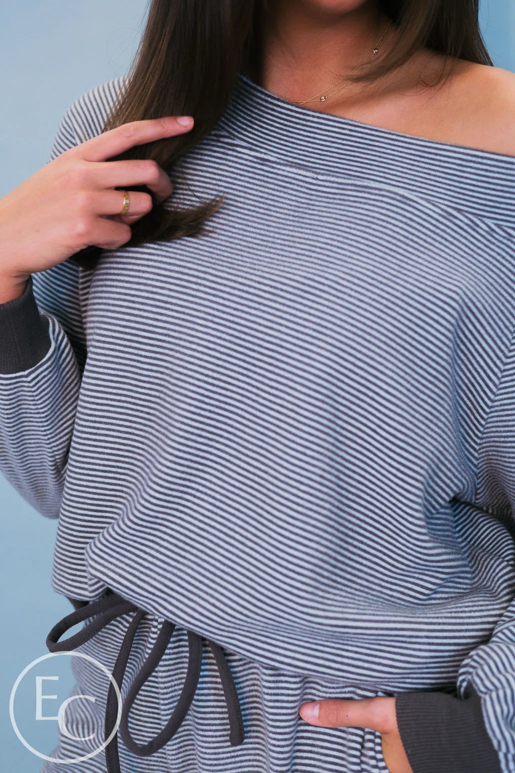 Emerson Coast Blue/Gray Striped Off The Shoulder Sweatshirt and Shorts Set