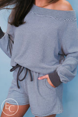 Emerson Coast Blue/Gray Striped Off The Shoulder Sweatshirt and Shorts Set