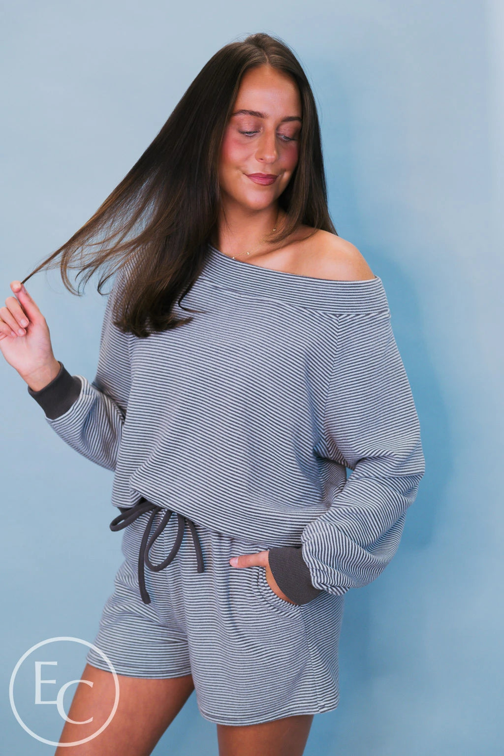 Emerson Coast Blue/Gray Striped Off The Shoulder Sweatshirt and Shorts Set