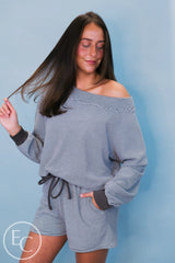 Emerson Coast Blue/Gray Striped Off The Shoulder Sweatshirt and Shorts Set