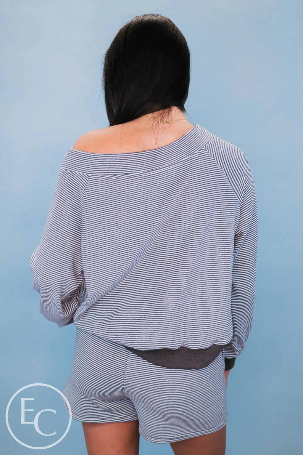 Emerson Coast Blue/Gray Striped Off The Shoulder Sweatshirt and Shorts Set