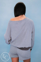 Emerson Coast Blue/Gray Striped Off The Shoulder Sweatshirt and Shorts Set