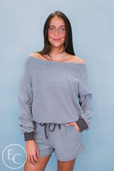 Emerson Coast Blue/Gray Striped Off The Shoulder Sweatshirt and Shorts Set