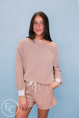 Emerson Coast Tan/Cream Striped Off The Shoulder Sweatshirt and Shorts Set