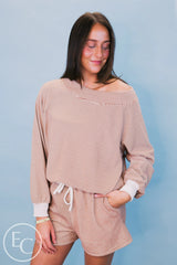 Emerson Coast Tan/Cream Striped Off The Shoulder Sweatshirt and Shorts Set