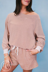 Emerson Coast Tan/Cream Striped Off The Shoulder Sweatshirt and Shorts Set