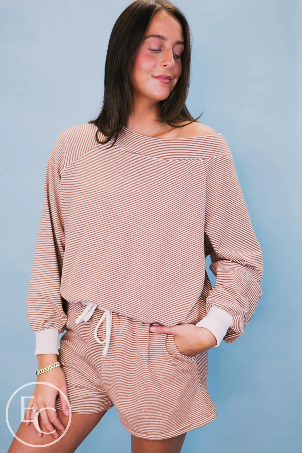 Emerson Coast Tan/Cream Striped Off The Shoulder Sweatshirt and Shorts Set