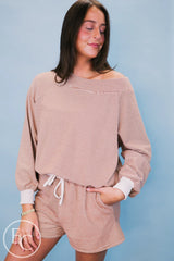 Emerson Coast Tan/Cream Striped Off The Shoulder Sweatshirt and Shorts Set