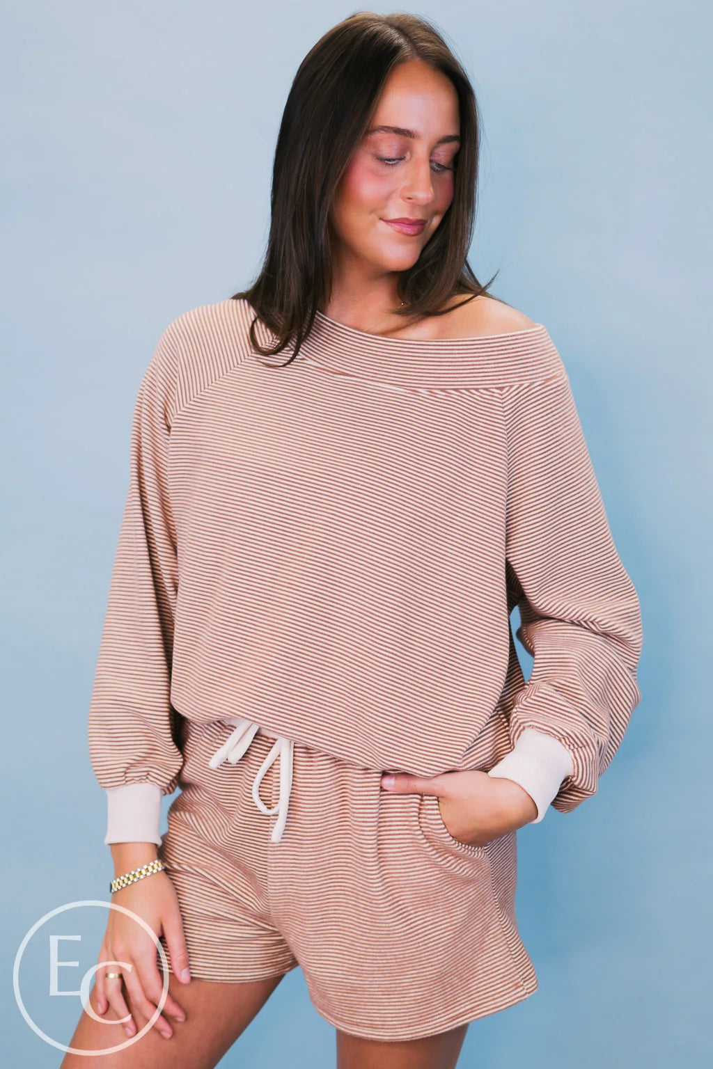 Emerson Coast Tan/Cream Striped Off The Shoulder Sweatshirt and Shorts Set