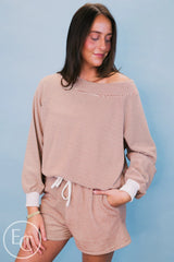 Emerson Coast Tan/Cream Striped Off The Shoulder Sweatshirt and Shorts Set