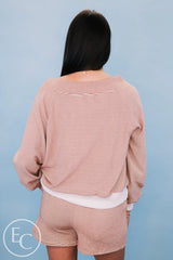 Emerson Coast Tan/Cream Striped Off The Shoulder Sweatshirt and Shorts Set