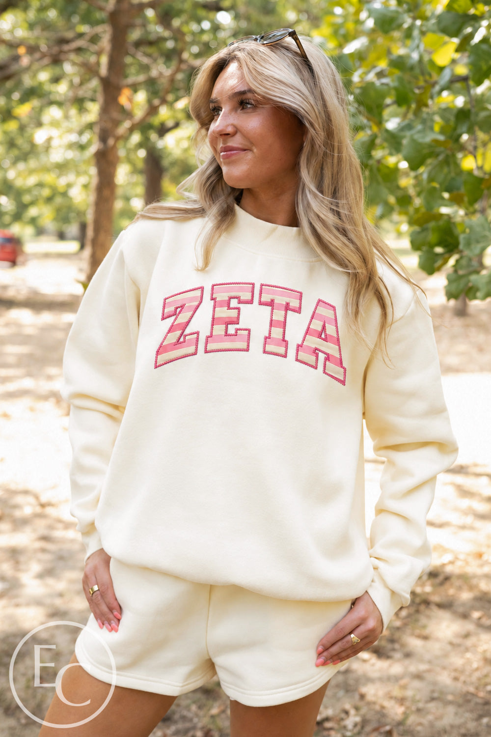 Zeta Tau Alpha Stripe Applique Cream Mockneck Shorts Set