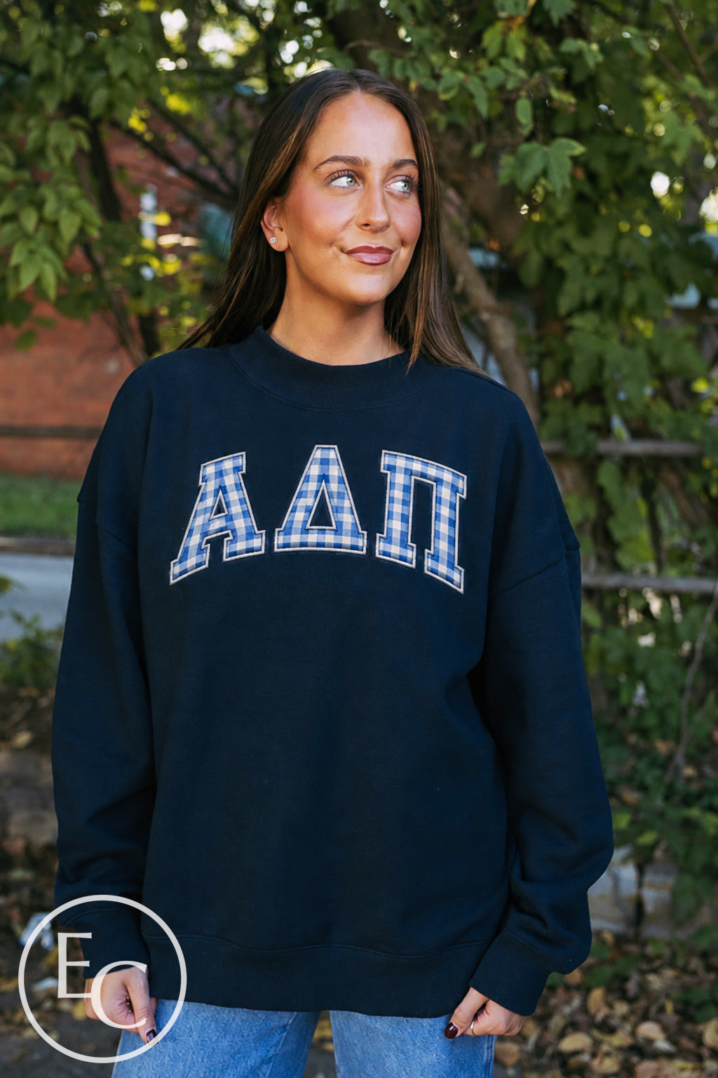 Alpha Delta Pi Gingham Applique Mockneck