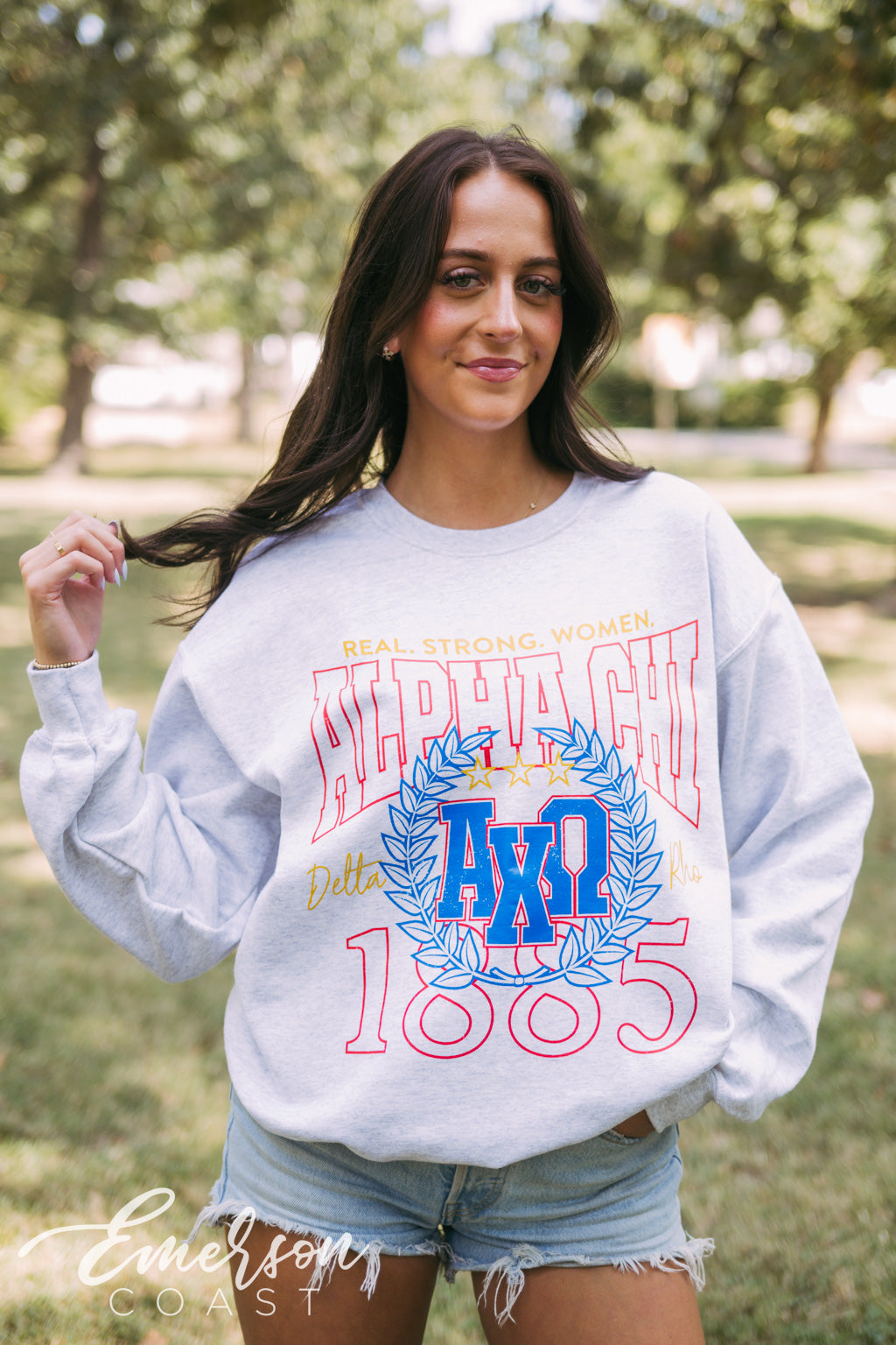 Alpha Chi Real Strong Women Ash Gray Crewneck