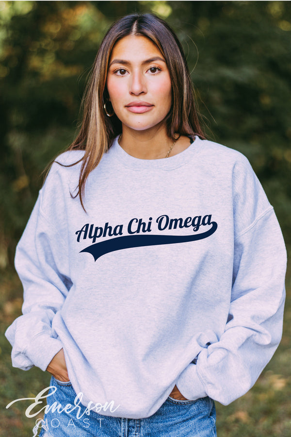 Alpha Chi Omega Baseball Script Crewneck - Emerson Coast
