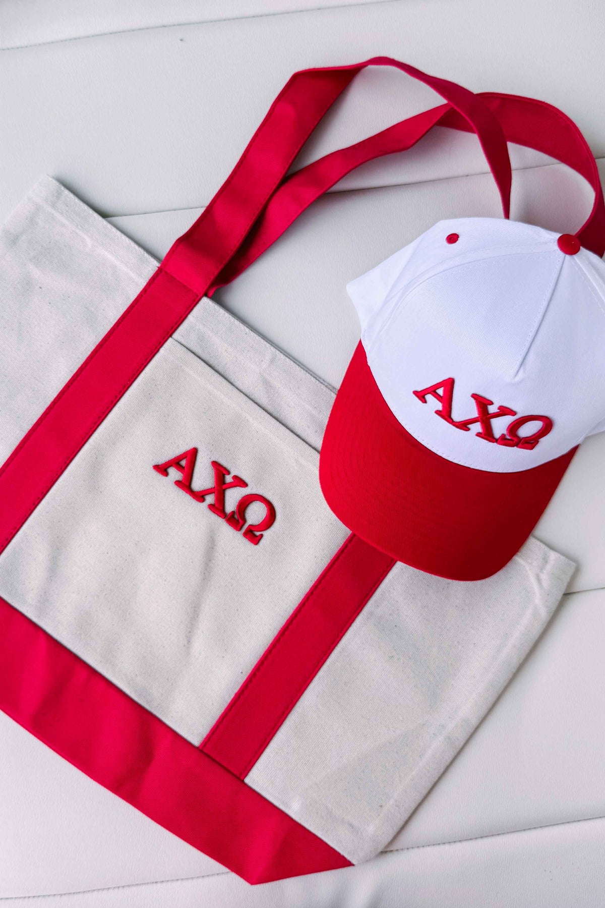 Alpha Chi Omega Red Puff Embroidered Trucker Hats