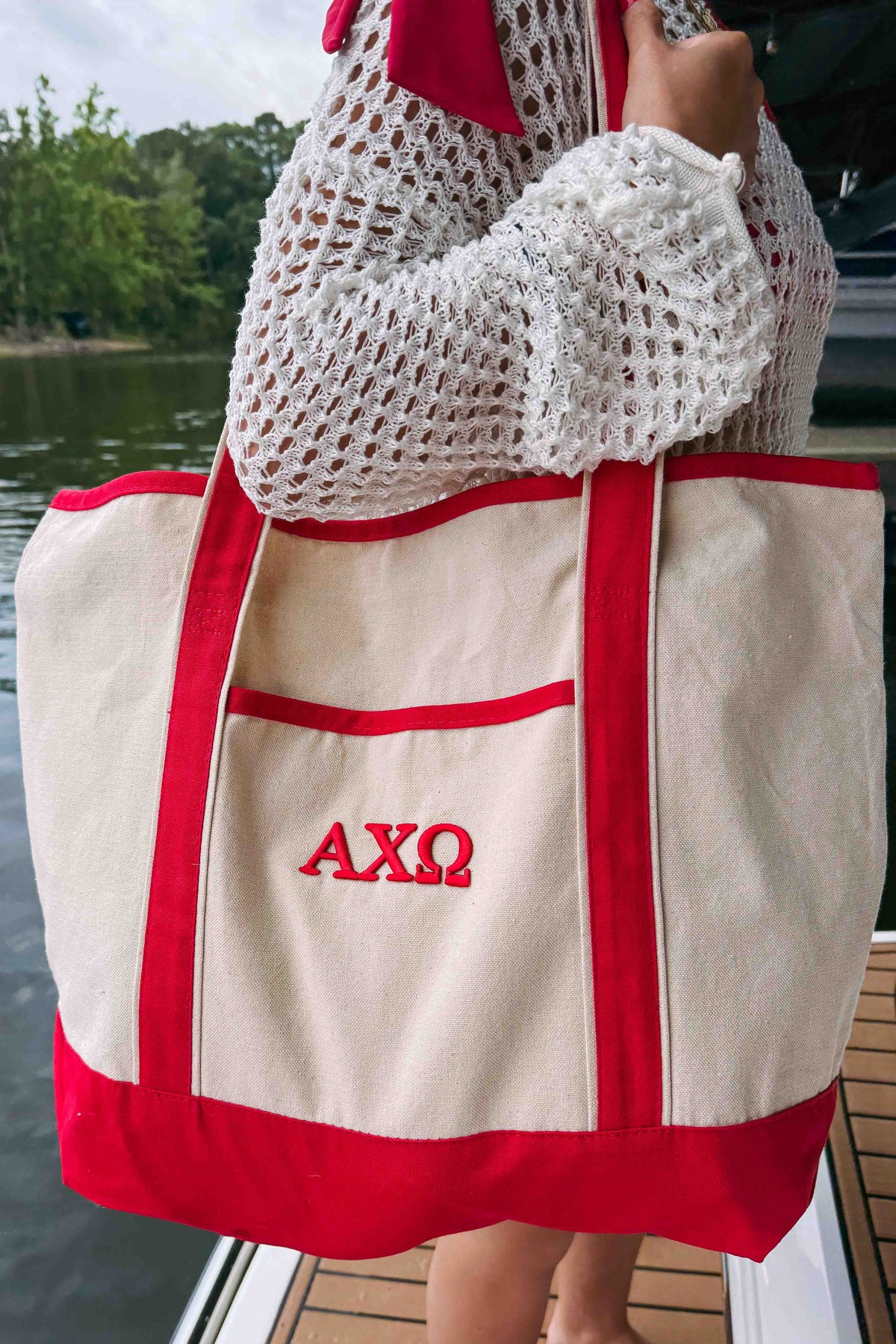 Alpha Chi Omega Red Puff Embroidered Totes