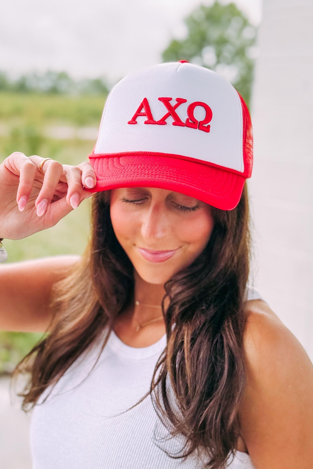 Alpha Chi Omega Red Puff Embroidered Trucker Hats