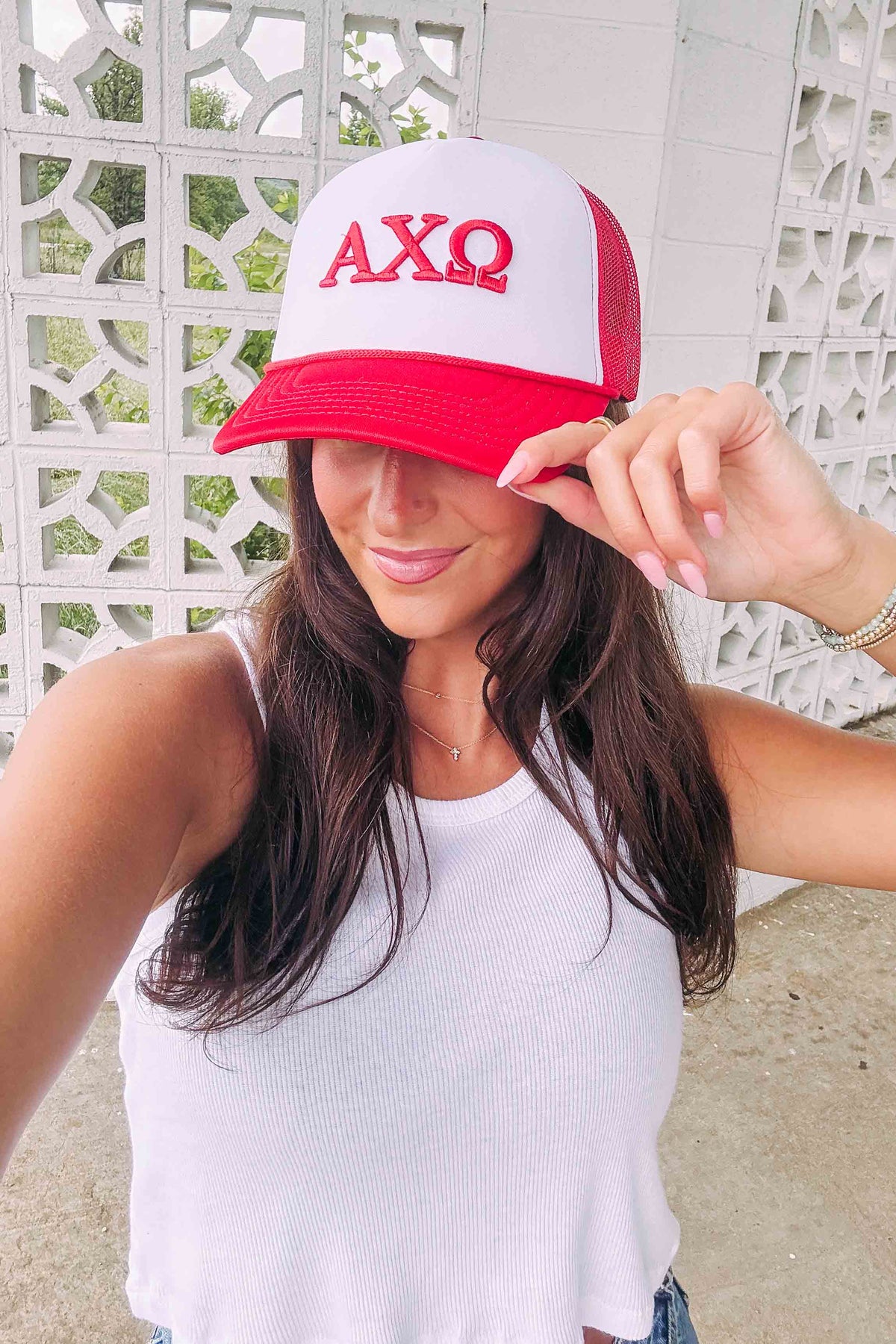 Alpha Chi Omega Red Puff Embroidered Trucker Hats