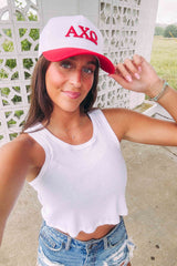 Alpha Chi Omega Red Puff Embroidered Trucker Hats