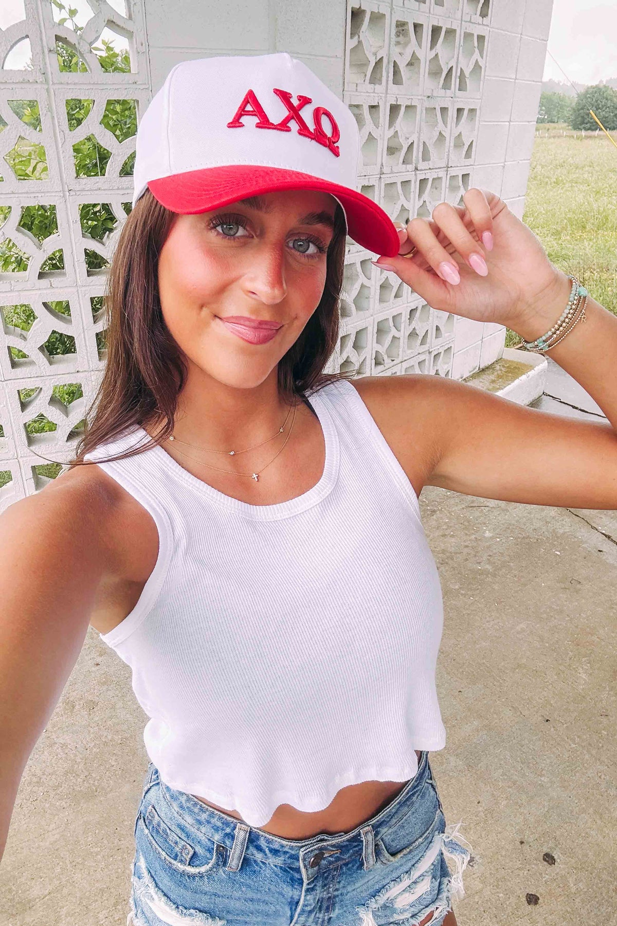 Alpha Chi Omega Red Puff Embroidered Trucker Hats