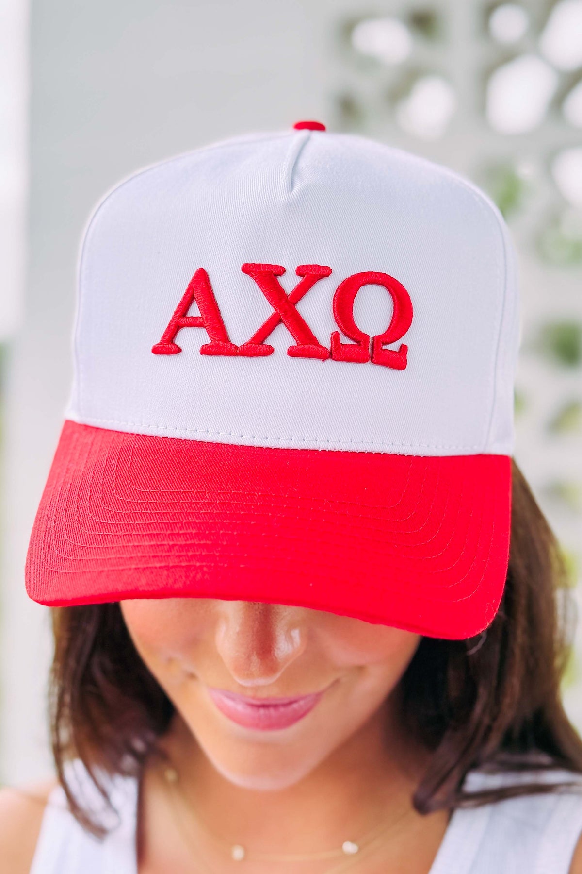 Alpha Chi Omega Red Puff Embroidered Trucker Hats