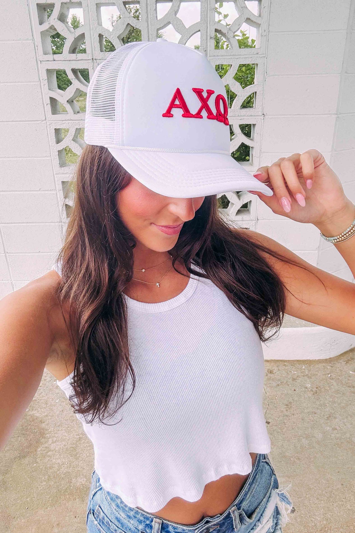 Alpha Chi Omega Red Puff Embroidered Trucker Hats