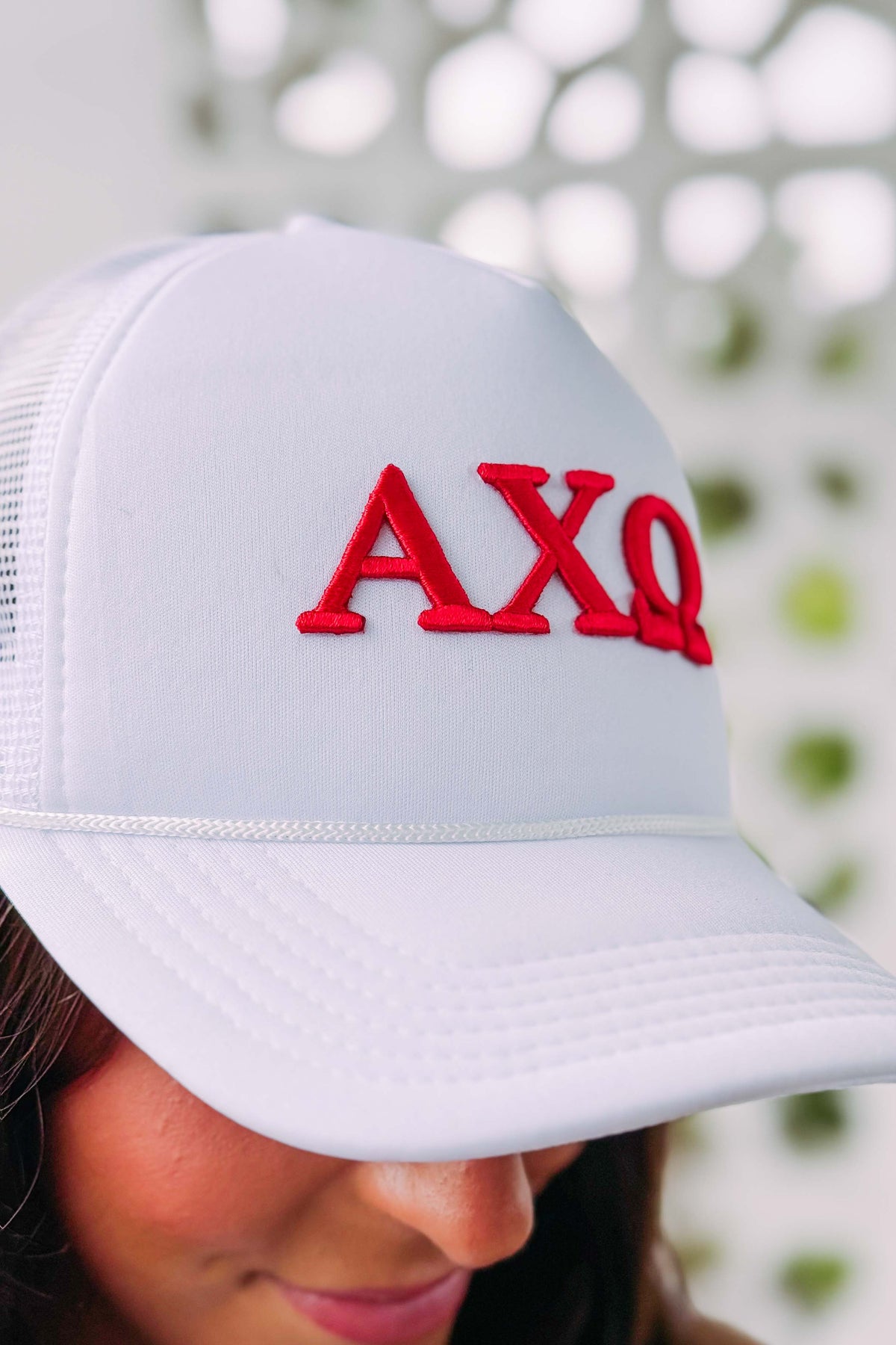 Alpha Chi Omega Red Puff Embroidered Trucker Hats