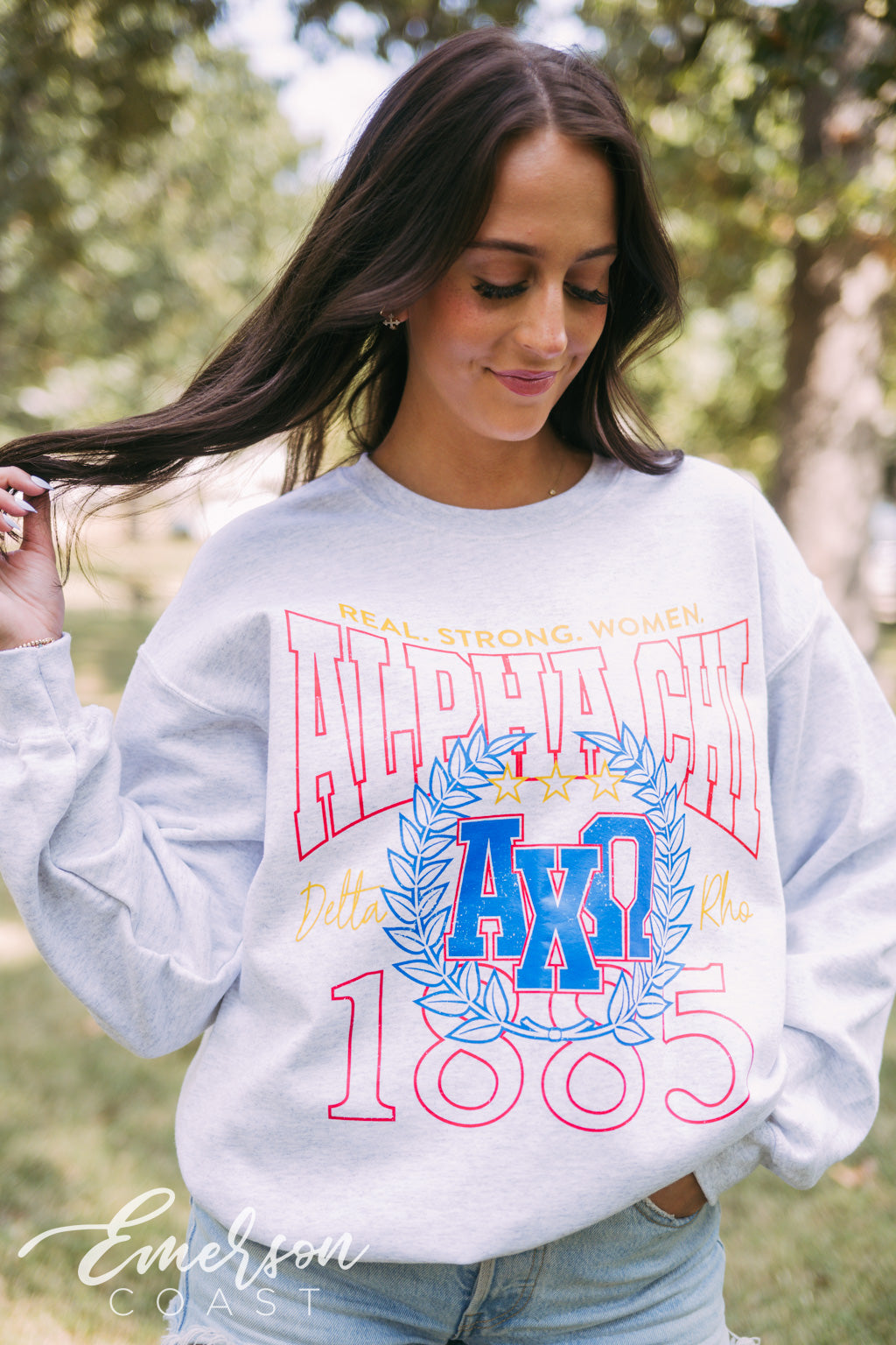 Alpha Chi Real Strong Women Ash Gray Crewneck