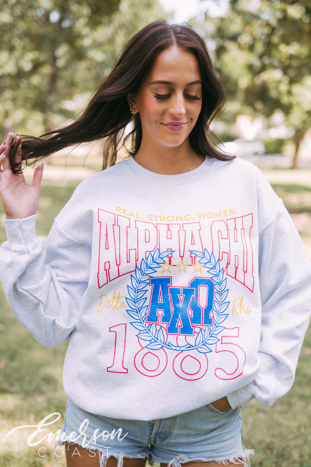 Alpha Chi Real Strong Women Ash Gray Crewneck