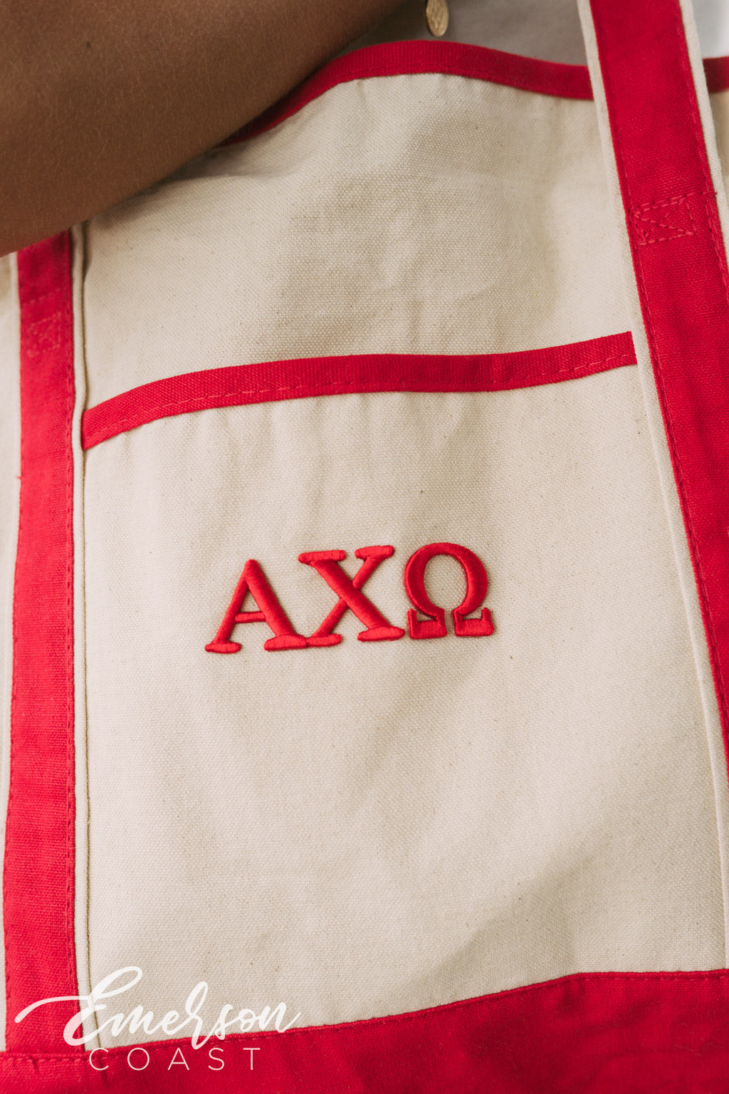 Alpha Chi Omega Red Puff Embroidered Totes