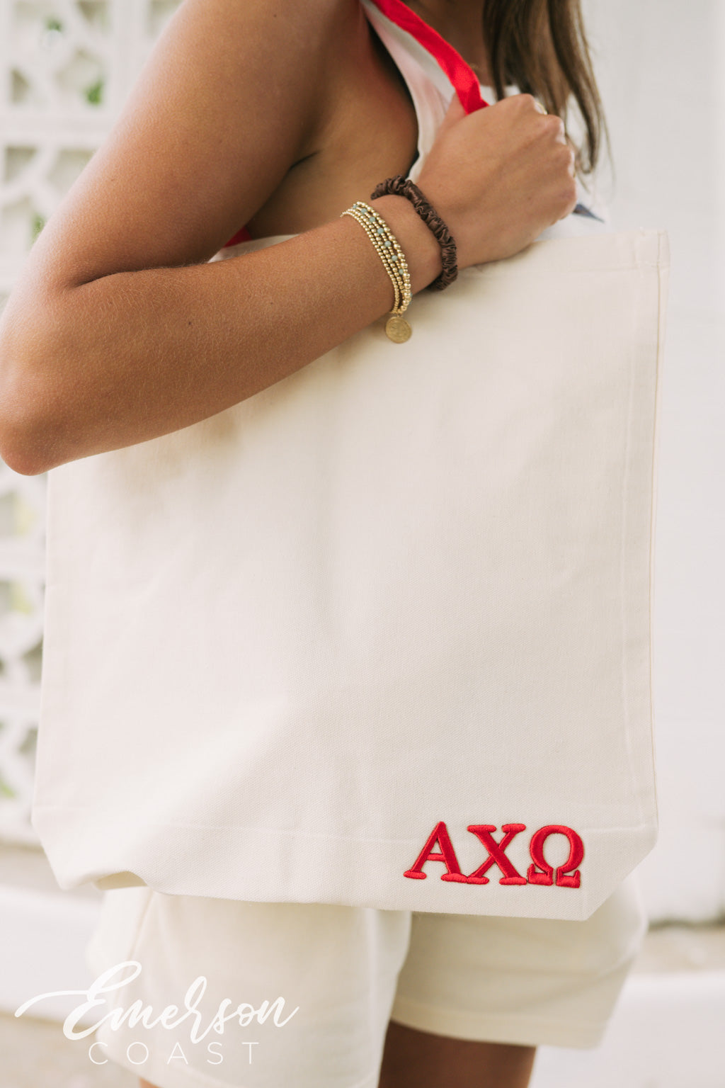 Alpha Chi Omega Red Puff Embroidered Totes