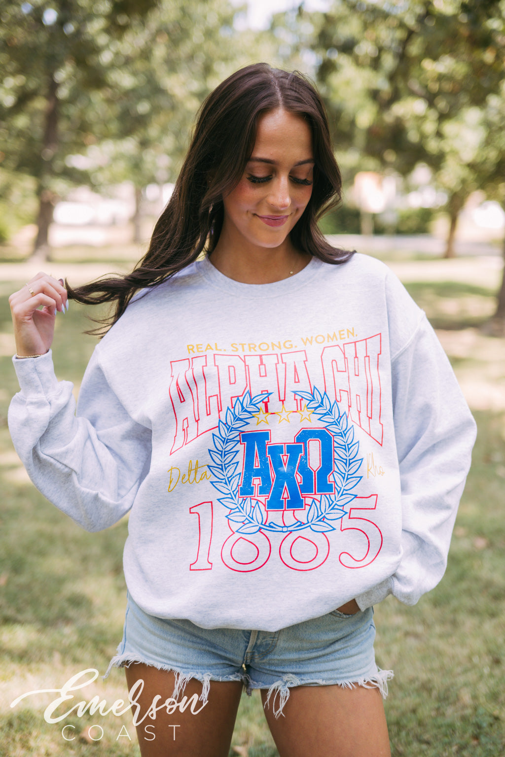 Alpha Chi Real Strong Women Ash Gray Crewneck