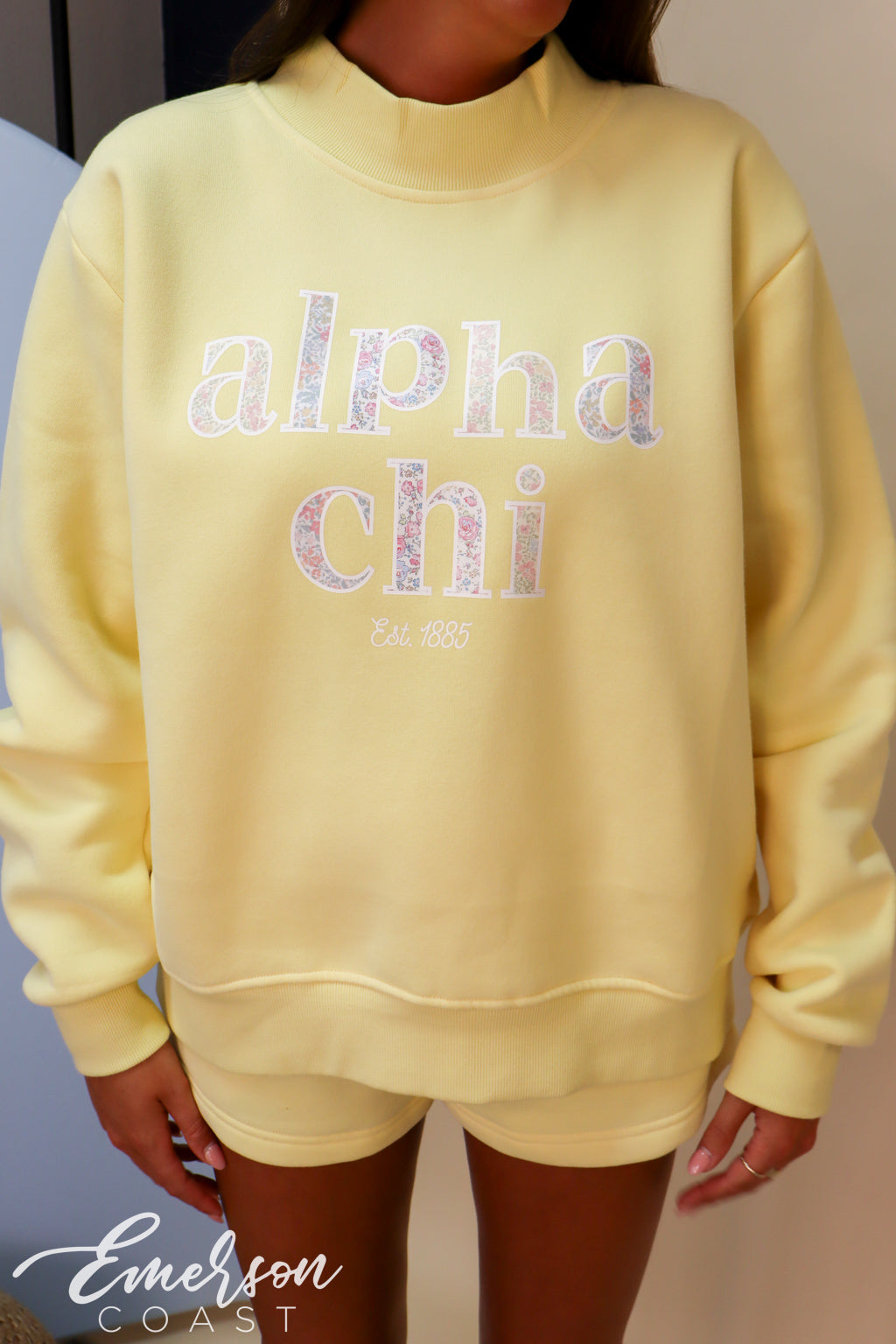 Alpha Chi Floral Butter Yellow Mock Neck Set