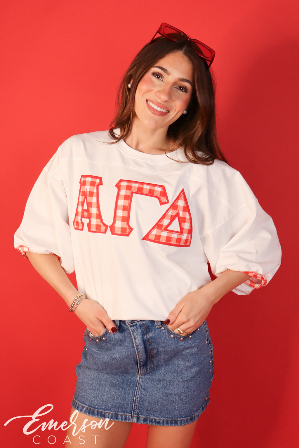 Alpha Gamma Delta Red Gingham Applique Letter Jersey