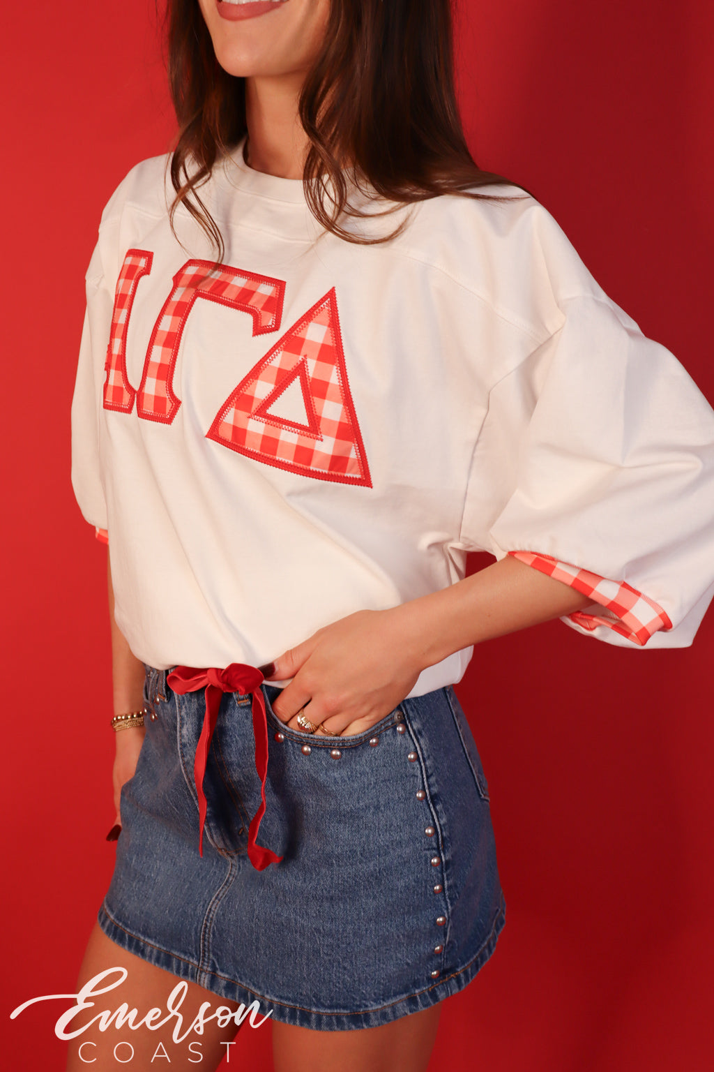 Alpha Gamma Delta Red Gingham Applique Letter Jersey