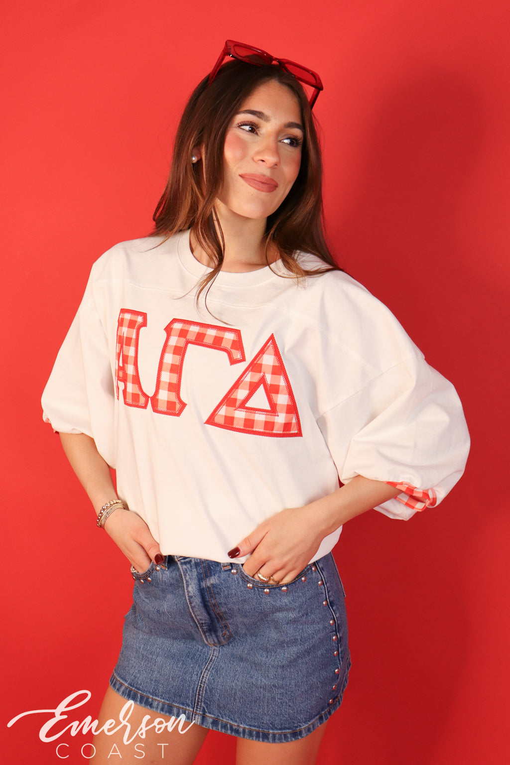Alpha Gamma Delta Red Gingham Applique Letter Jersey