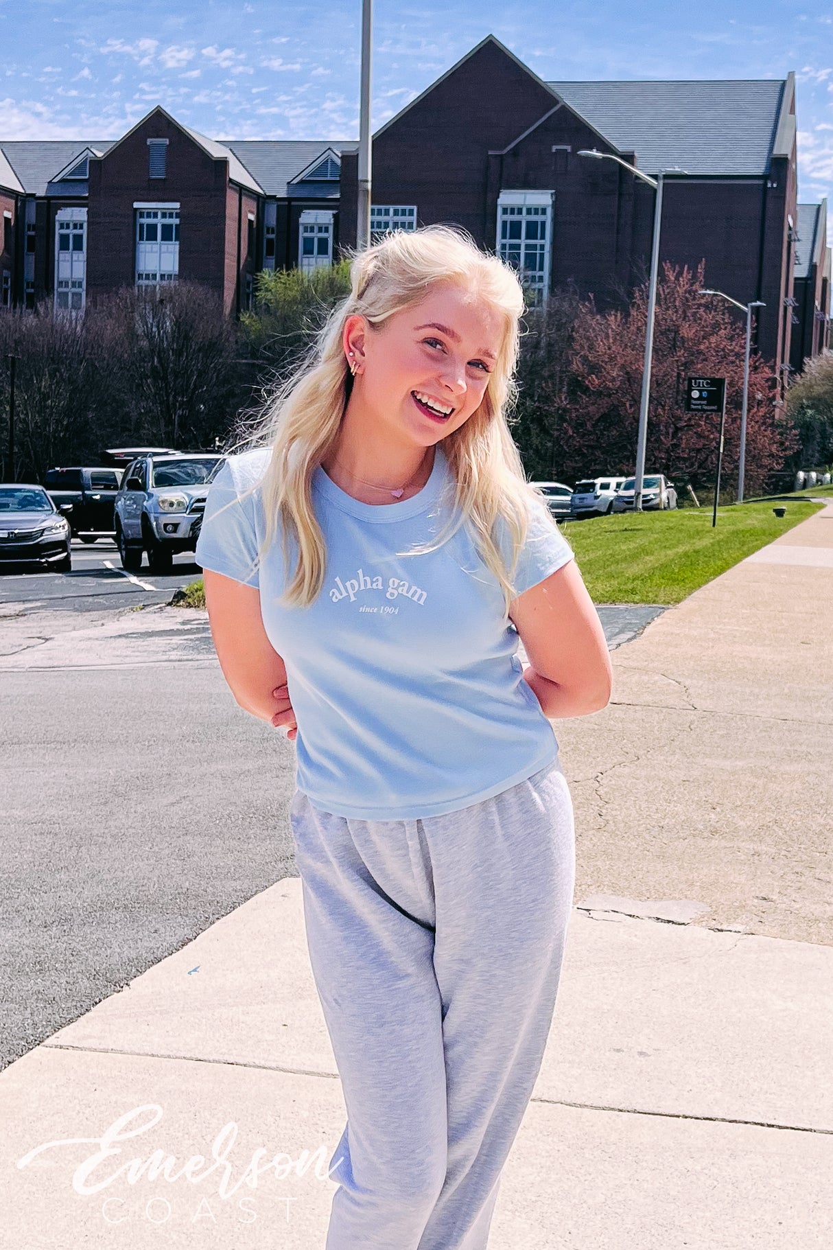 Alpha Gam Light Blue Baby Tee