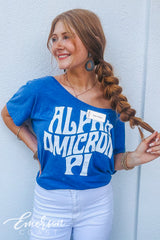 Alpha Omicron Pi Blue Slouchy Off Shoulder Tee