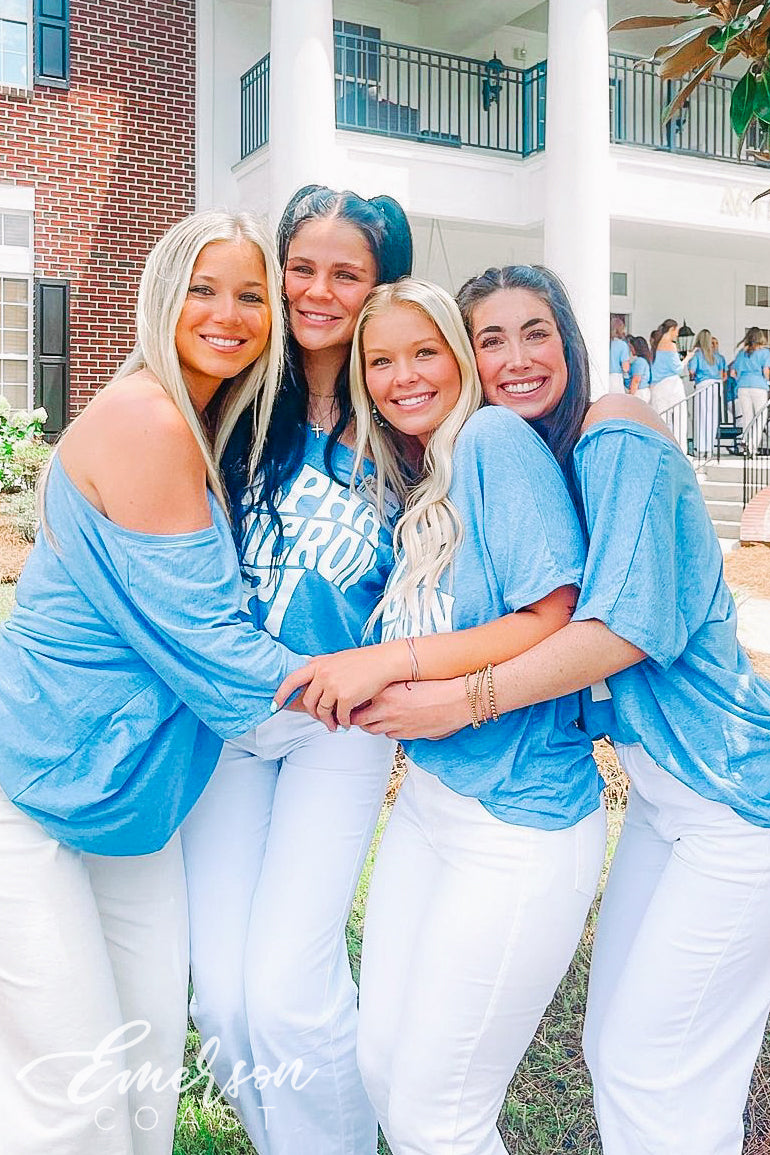Alpha Omicron Pi Blue Slouchy Off Shoulder Tee
